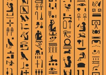 Egyptian hieroglyphs or ancient Egypt letters papyrus background. Vector old Egyptian hieroglyph writing symbols and icons of gods, animals and birds or Pharao manuscript design decoration